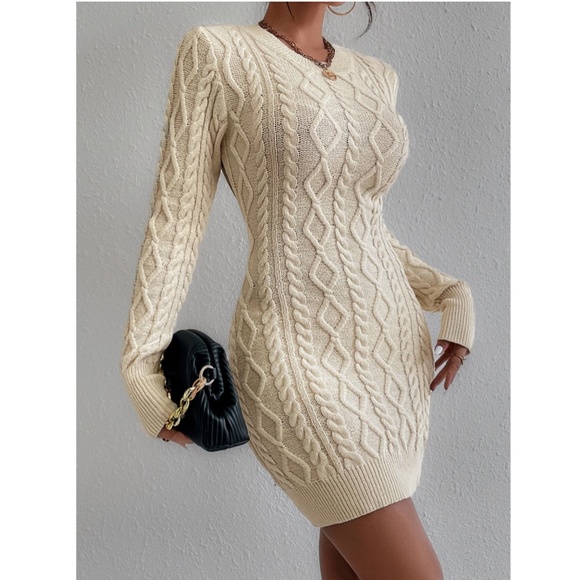 Beige Sweater Dress Cable Knit Backless Round Neck Long Sleeve Short - Picture 6 of 9